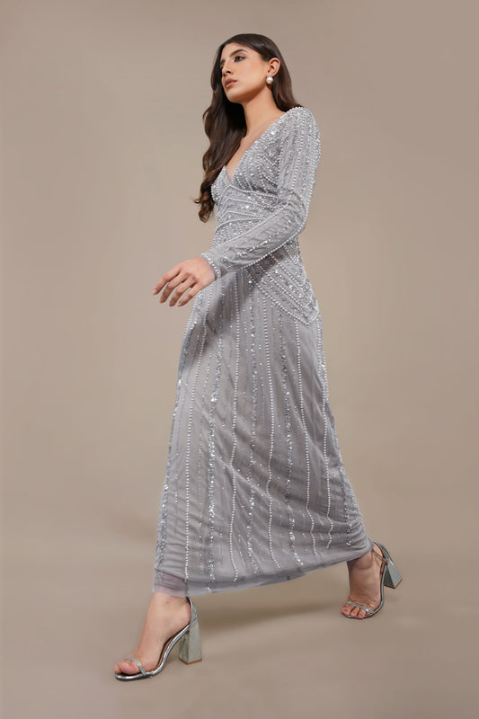 Cordelia Embellished Maxi Dress in Light Grey