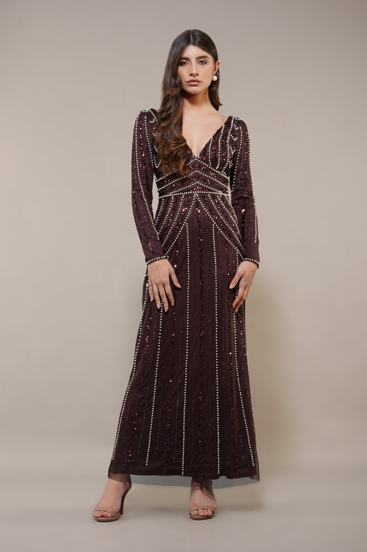 Cordelia Embellished Maxi Dress in Coffee Brown