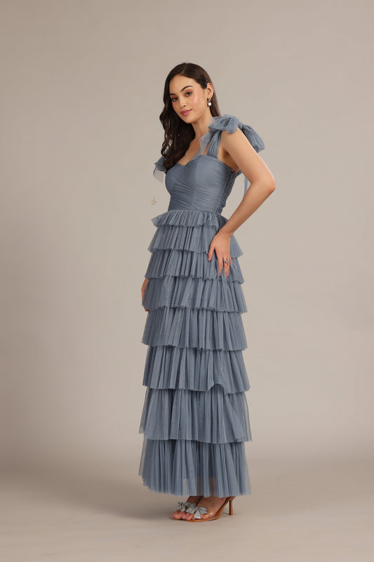 Ophelia Dusty Blue Maxi Dress with Tie Detail
