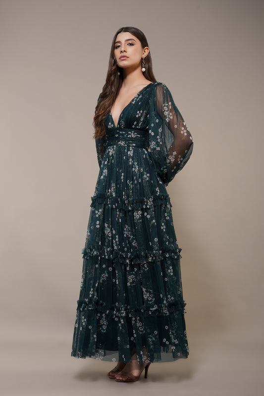 Lydia Maxi Dress in Emerald Floral