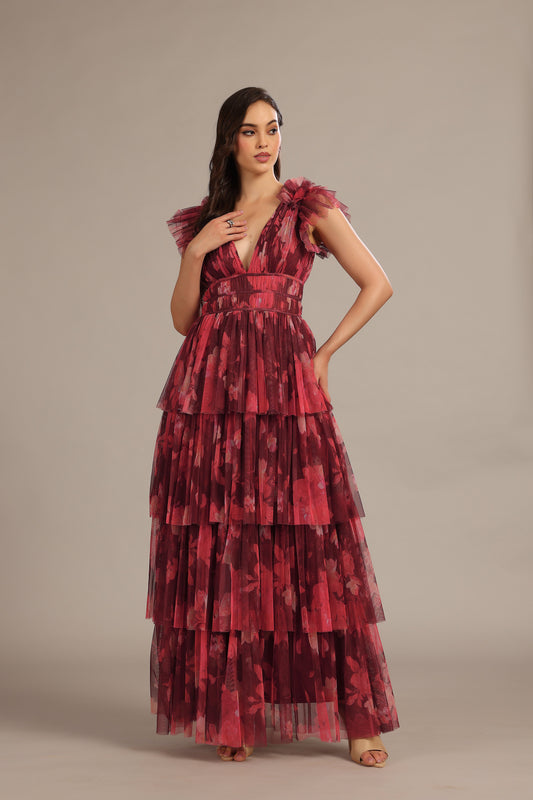 Naomi Maxi Dress in Deep Red Floral