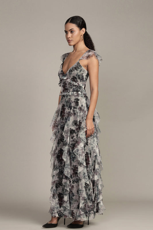 Malin Maxi Dress in Black and White Floral