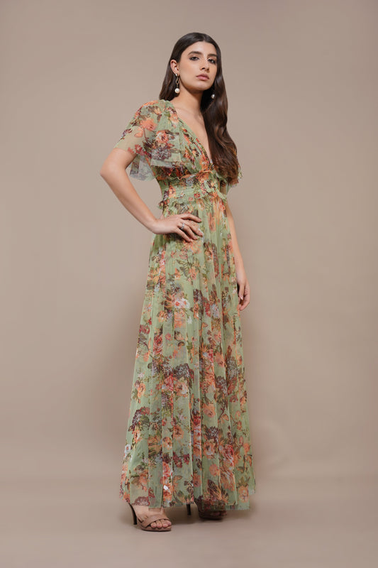 Shelby Maxi Dress in Light Green Floral