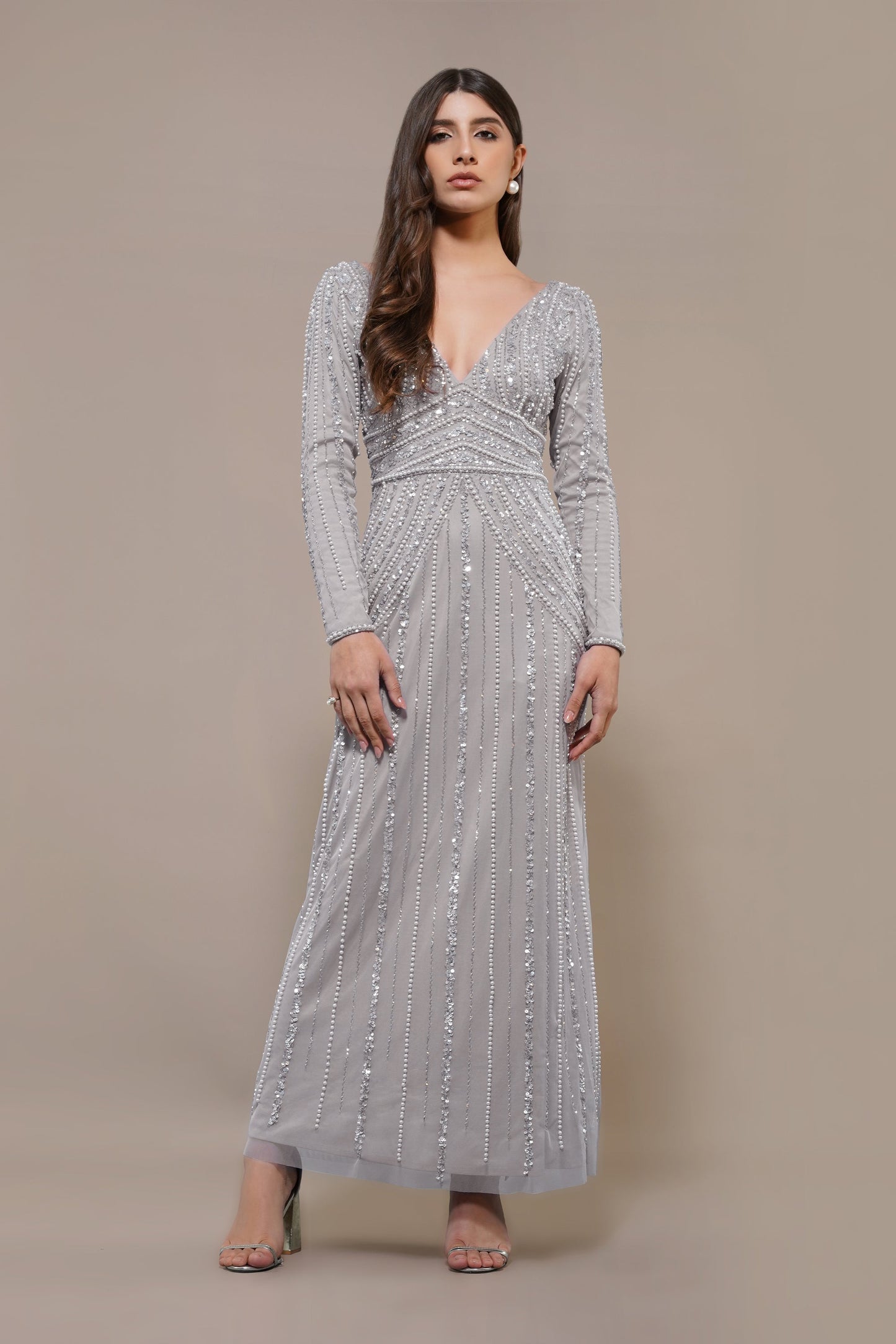 Cordelia Embellished Maxi Dress in Light Grey