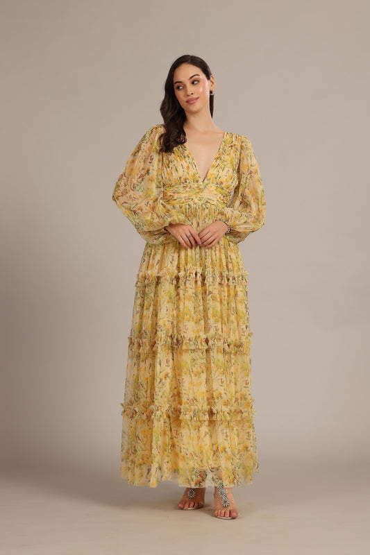 Lydia Maxi Dress in Yellow Floral