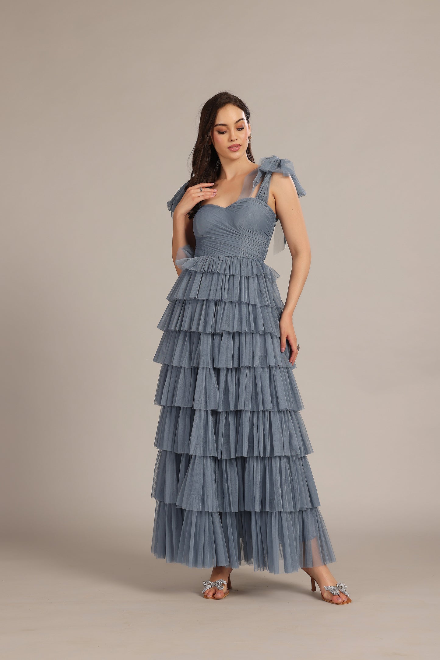 Ophelia Dusty Blue Maxi Dress with Tie Detail