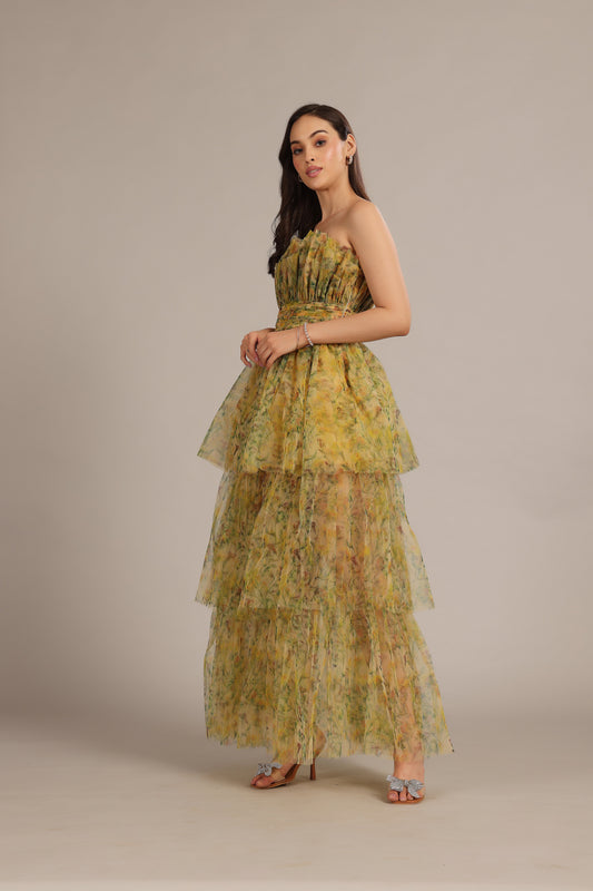 Natalia Tulle Maxi Dress in Yellow Floral
