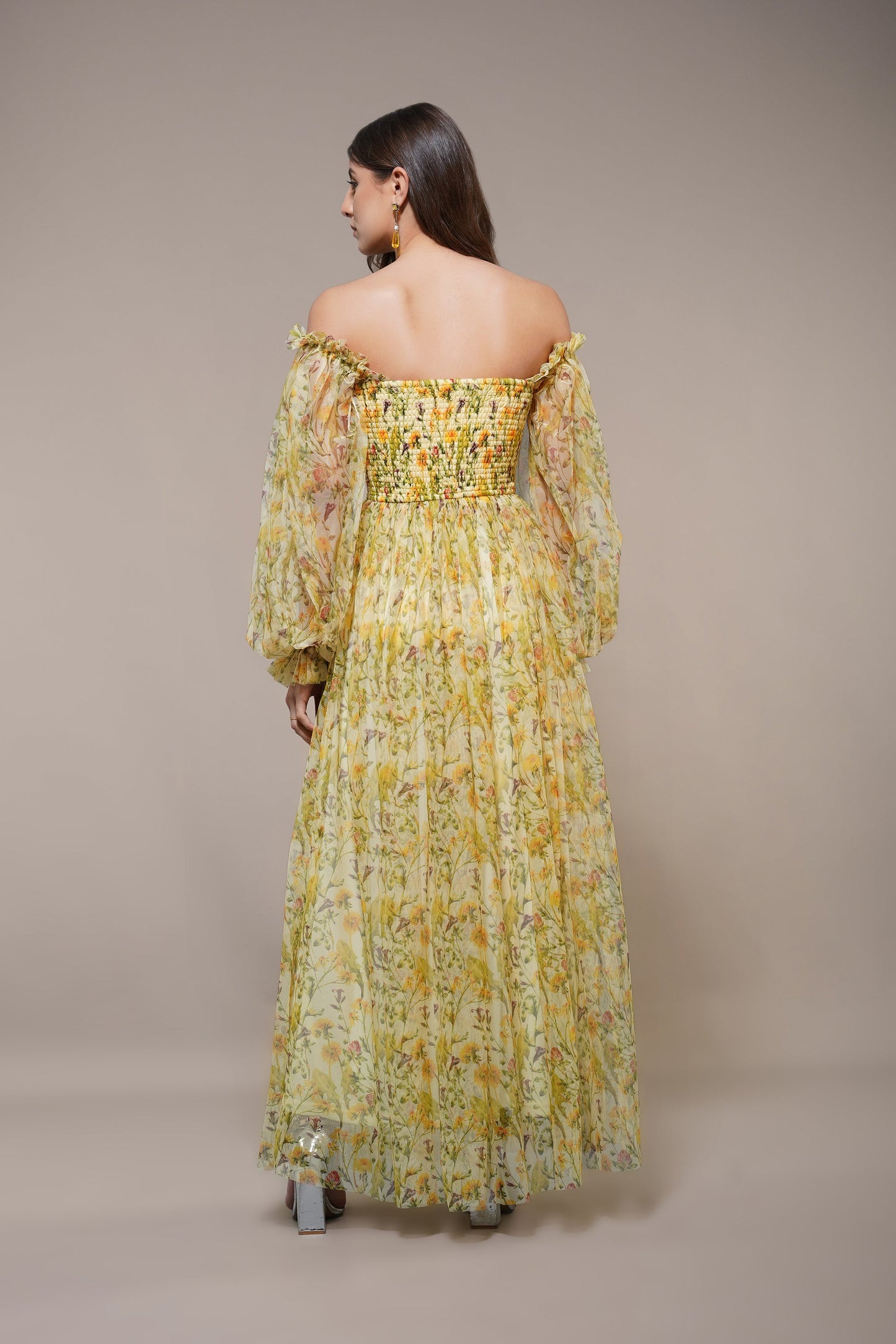 Lana Yellow Printed Tulle Maxi Dress