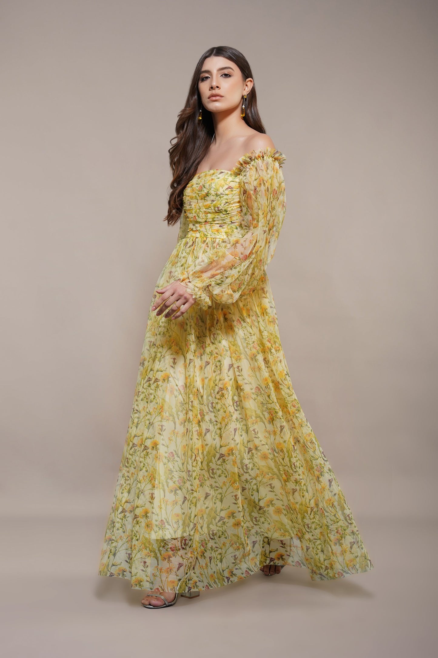 Lana Yellow Printed Tulle Maxi Dress