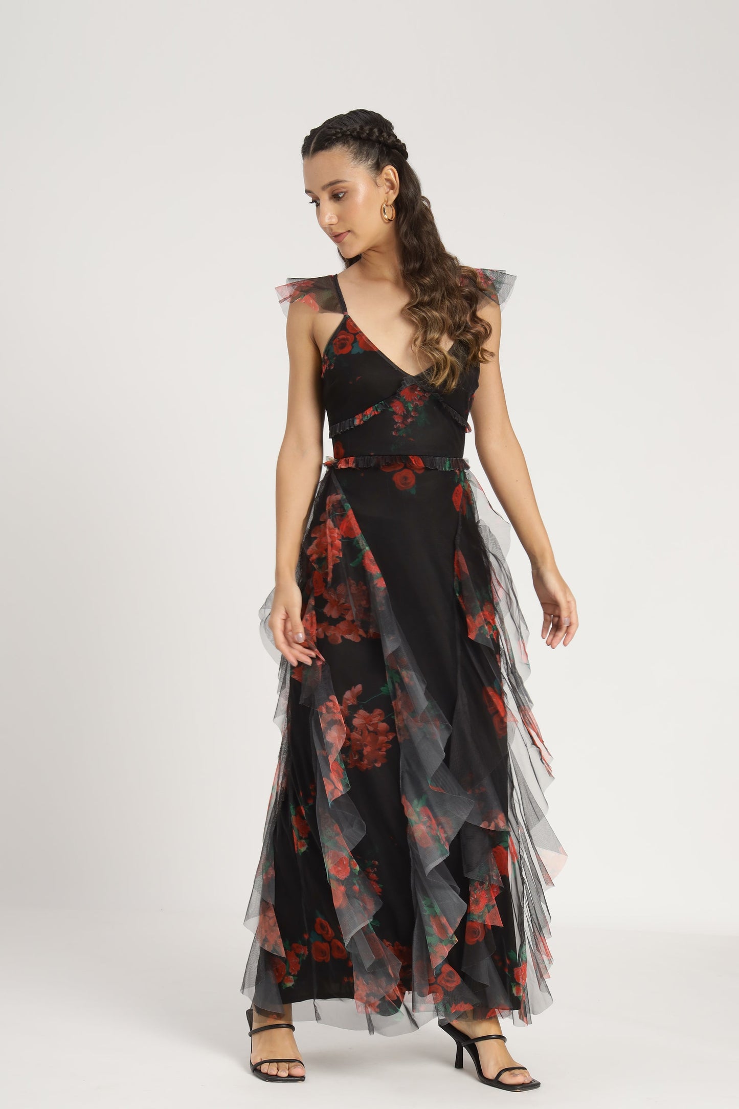 Malin Maxi Dress in Black and Red Floral