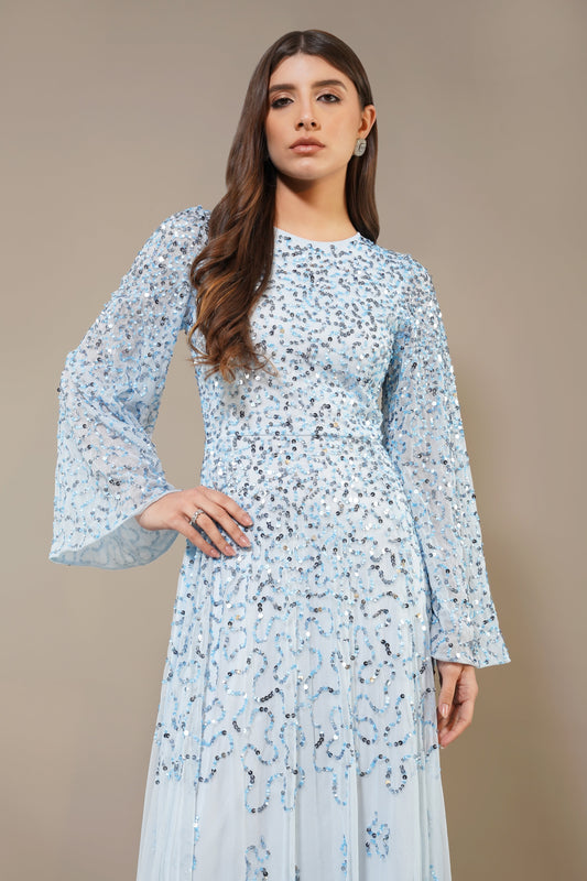 Sloane Long Sleeve Embellished Maxi Dress in Sky Blue