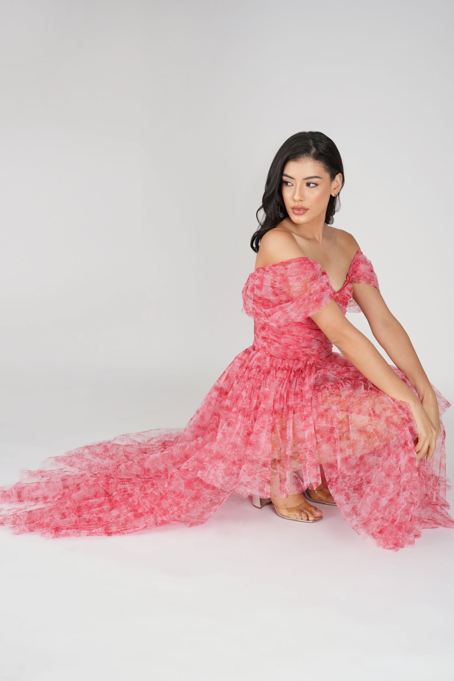 Sydney Tulle Maxi Dress in Red Print