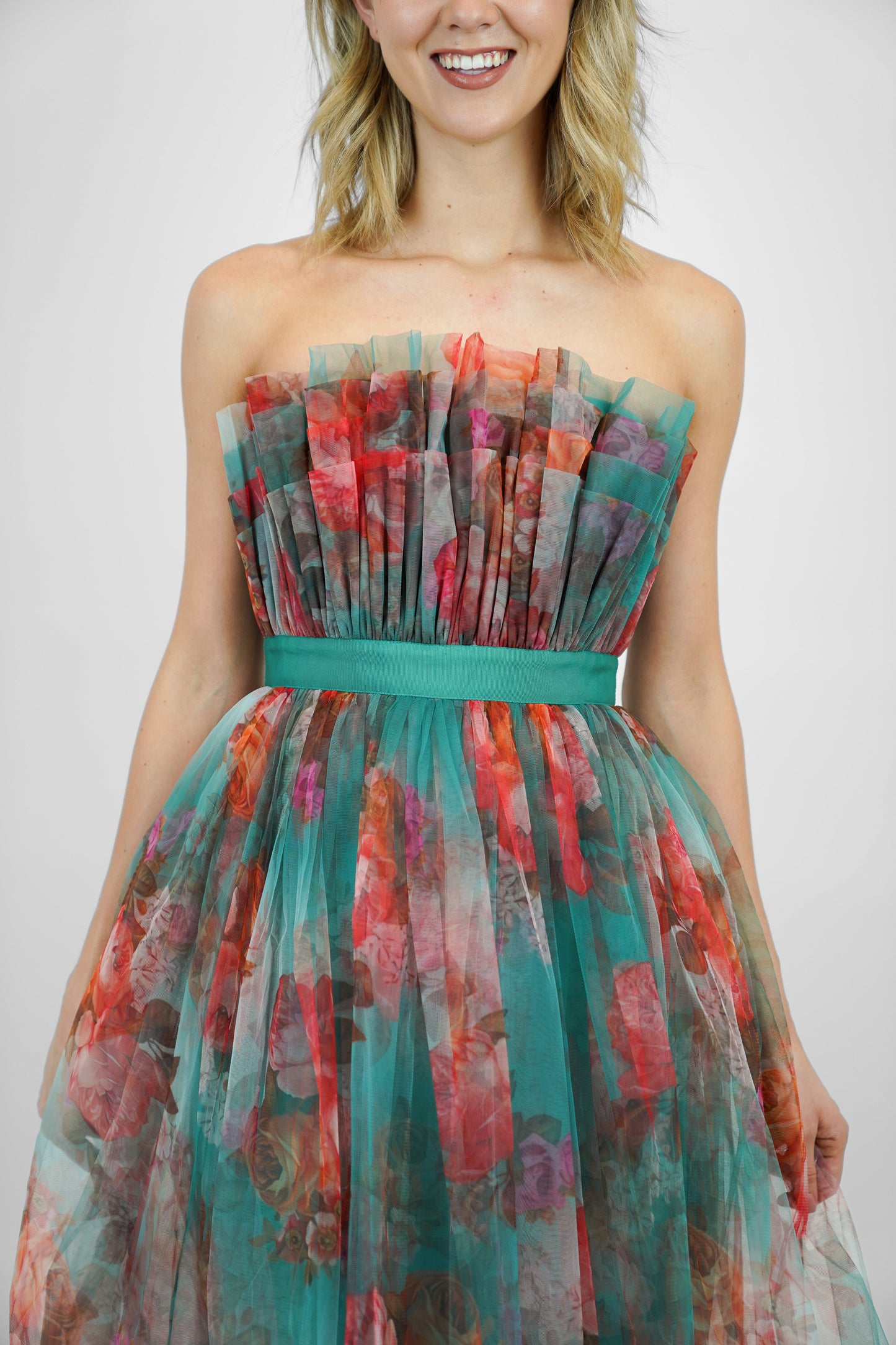 Verity Tulle Midi Dress in Green Print